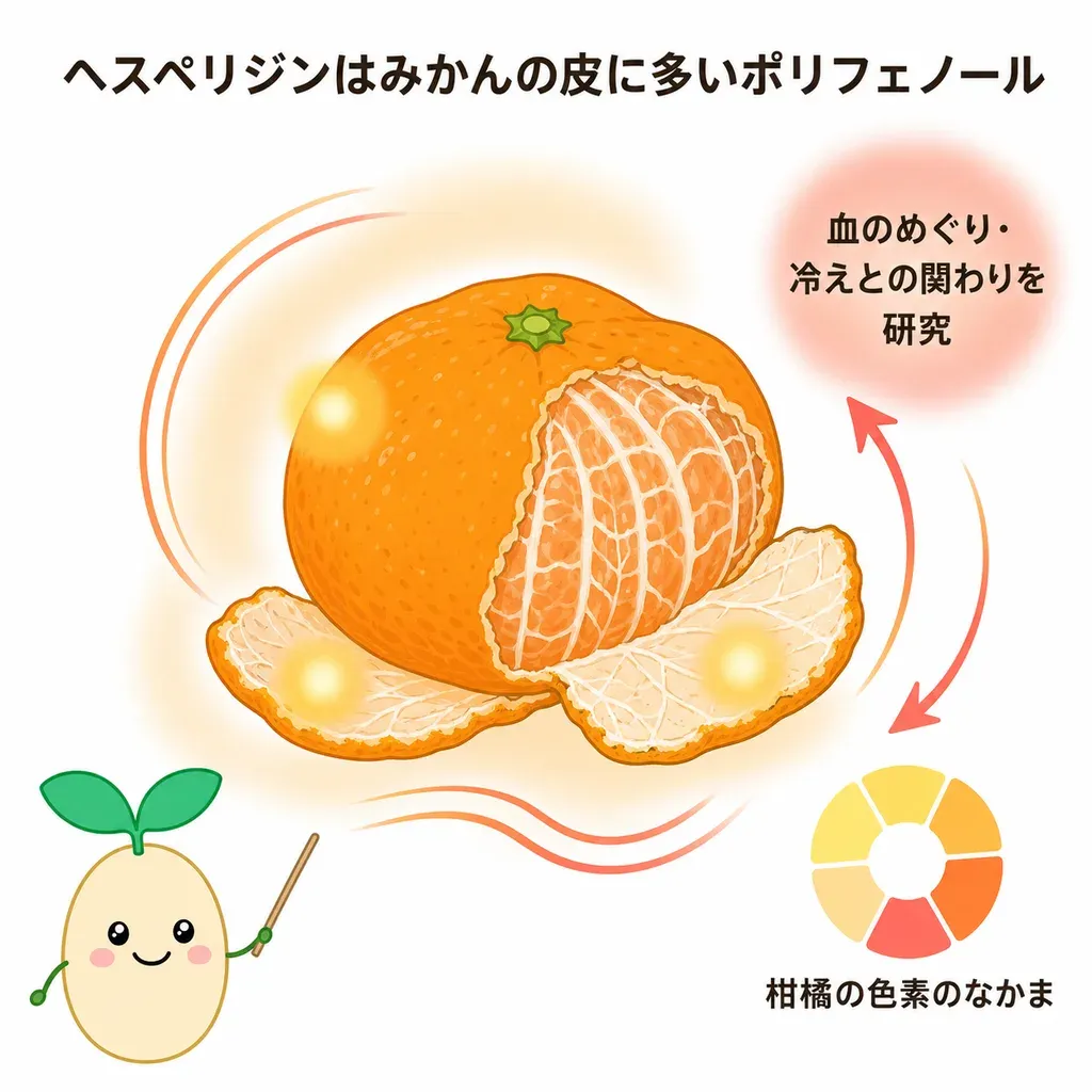 ヘスペリジンが体の中でどんなはたらきに関わるかをやさしく示した図