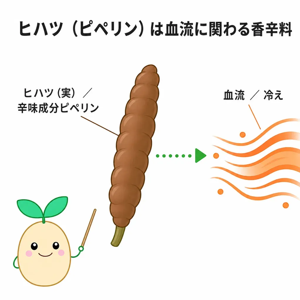 ヒハツの辛味成分ピペリンが血流に関わる可能性が研究され、伝統的に体を温める目的で使われる一方、冷えへのヒトの裏づけは限られることを示すイメージ