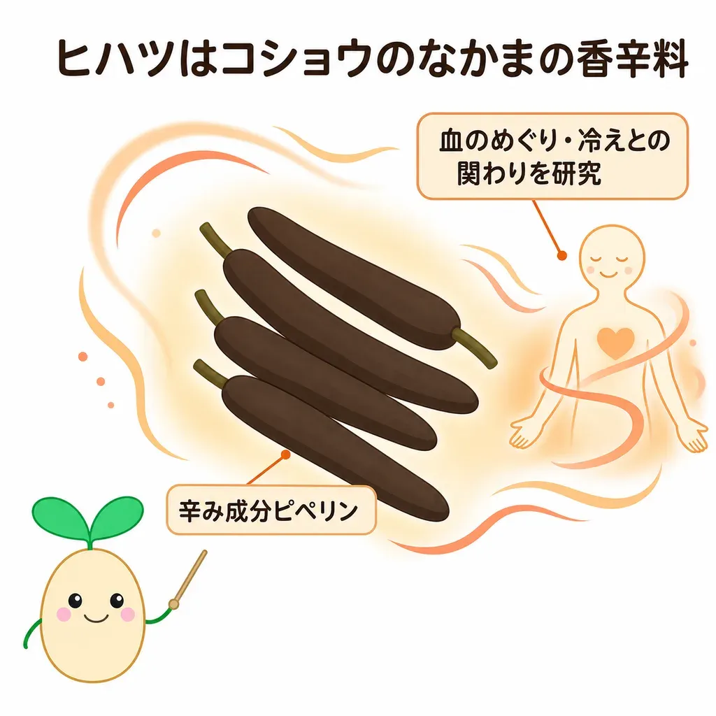 ヒハツ(ロングペッパー)が体の中でどんなはたらきに関わるかをやさしく示した図