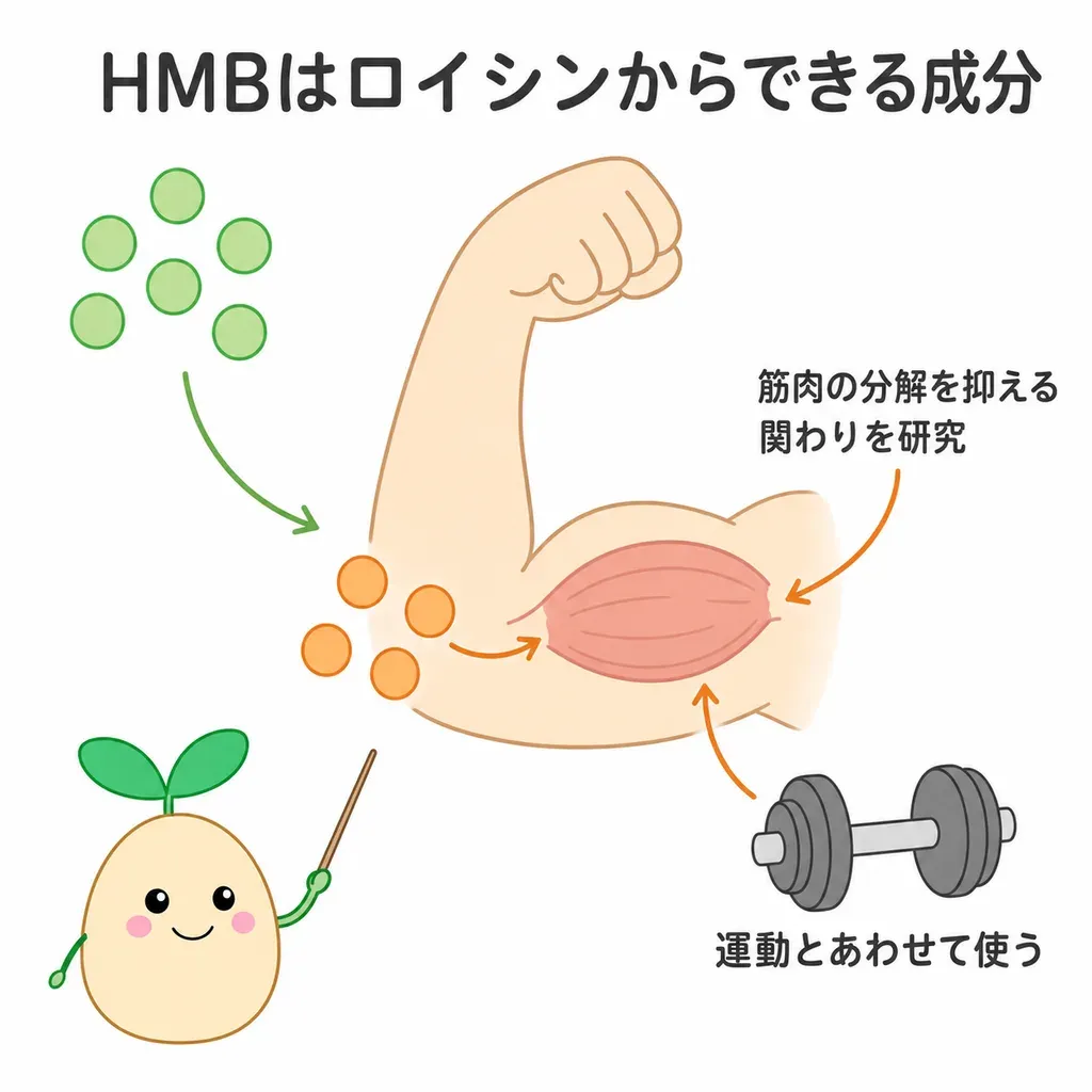 HMBが体の中でどんなはたらきに関わるかをやさしく示した図