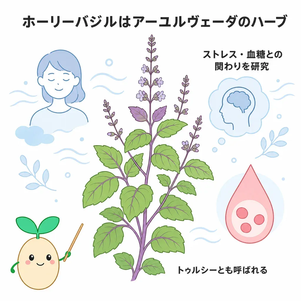 ホーリーバジル（トゥルシー）が体の中でどんなはたらきに関わるかをやさしく示した図