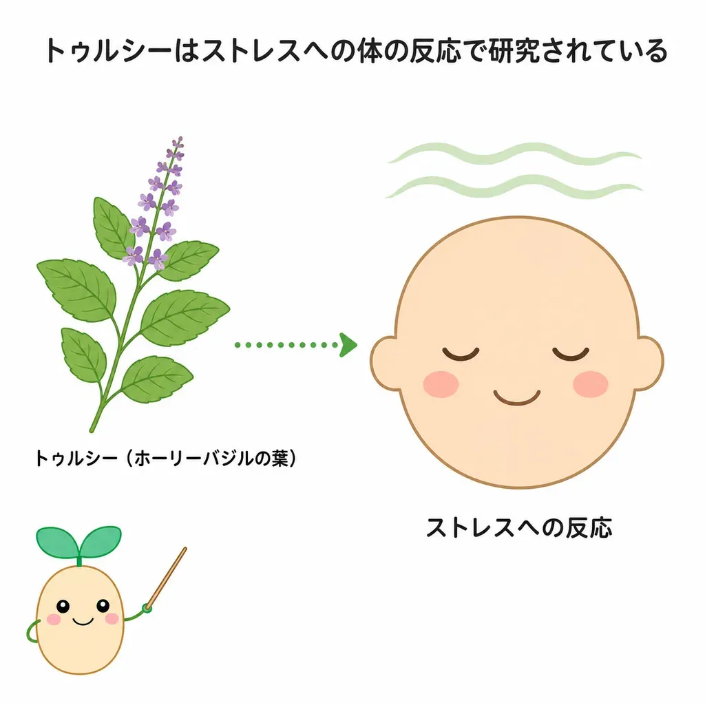 ホーリーバジル(トゥルシー)がアダプトゲンとしてストレスへの体の反応に関わると研究され、ストレスや不安が和らぐとの報告がある一方、研究は小規模なものが多いことを示すイメージ