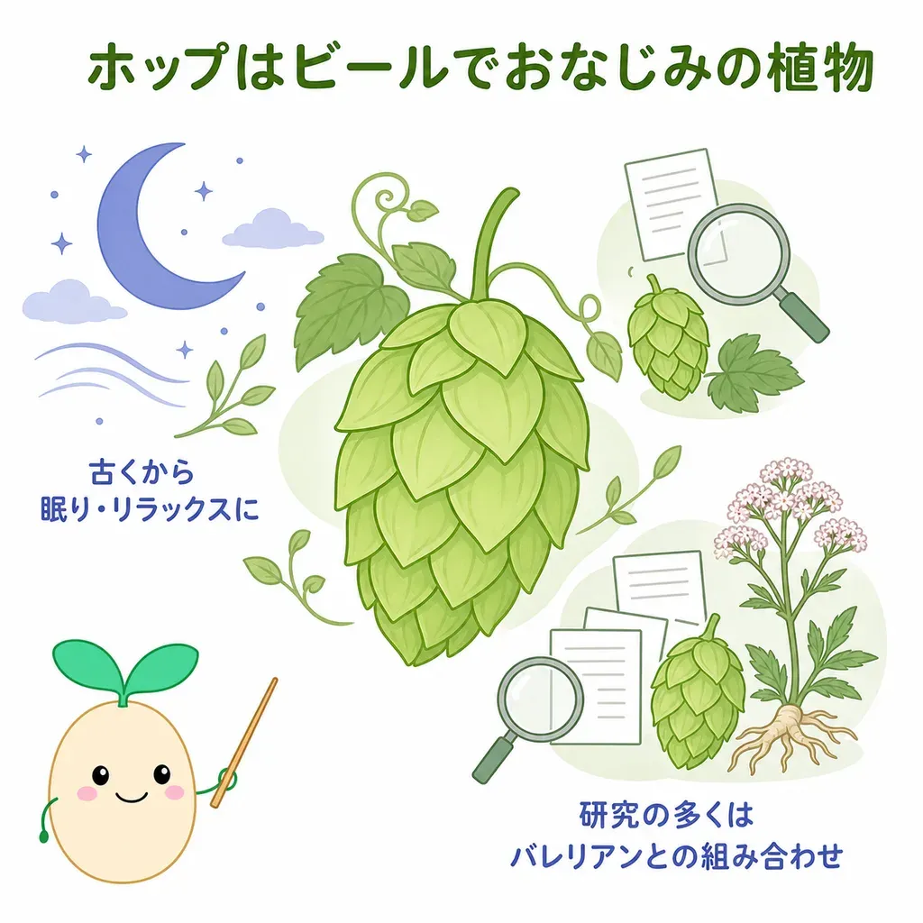 ホップが体の中でどんなはたらきに関わるかをやさしく示した図