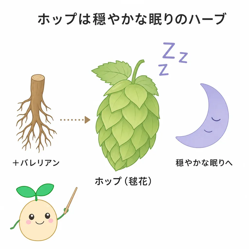 ホップが気持ちを落ち着け、バレリアンと組み合わせて眠りの準備を促すことが研究されているイメージ