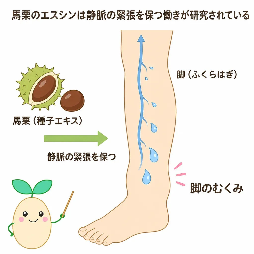 馬栗のエスシンが静脈の緊張を保ち、血管から水分がしみ出るのをおさえる働きに関わり、脚のむくみが和らぐことが研究されているイメージ