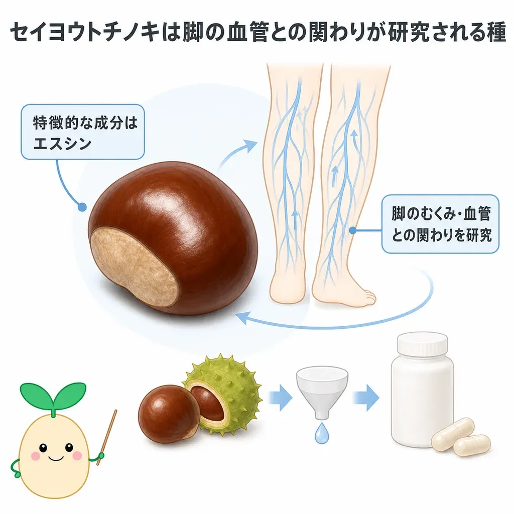 セイヨウトチノキ（馬栗種子エキス）が体の中でどんなはたらきに関わるかをやさしく示した図