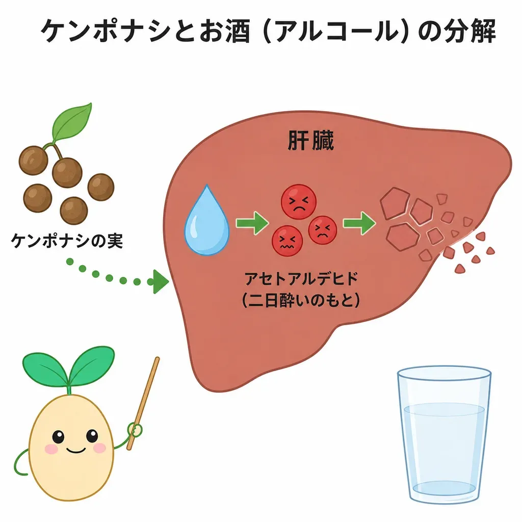 お酒(アルコール)が体内で分解されるとき、二日酔いのつらさに関わる物質(アセトアルデヒド)ができること、ケンポナシ(ホベニア)の実がそのアルコールの分解に関わることが研究されている一方、研究は小規模が多く、お酒の飲みすぎを正当化するものではないことを示すイメージ