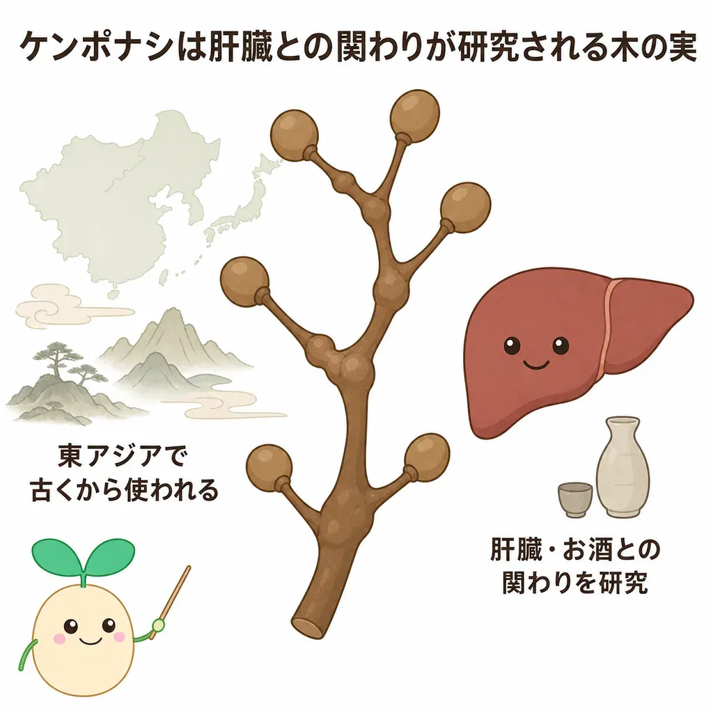 ケンポナシ(ホベニア)が体の中でどんなはたらきに関わるかをやさしく示した図