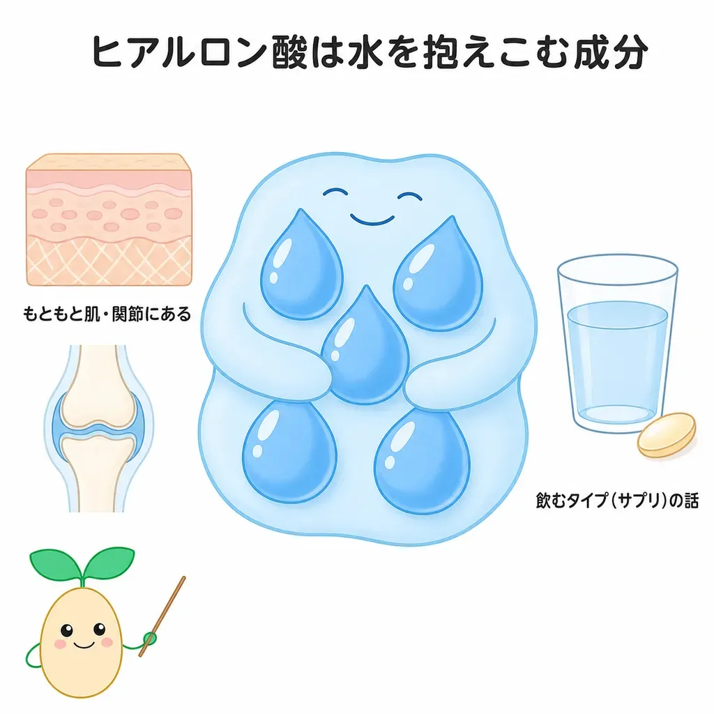 ヒアルロン酸が体の中でどんなはたらきに関わるかをやさしく示した図