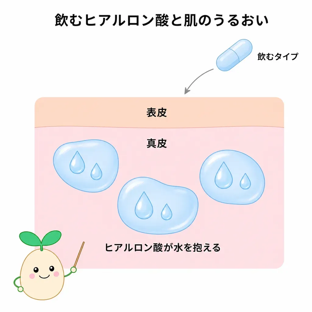 水を抱えこむ性質をもつヒアルロン酸が、肌のうるおい・ハリを保つ手助けをするとされるイメージ