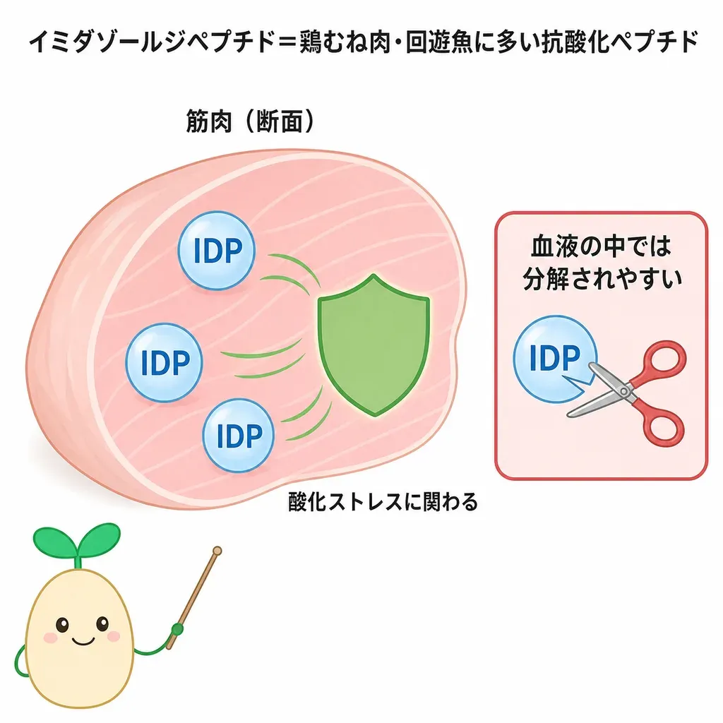 鶏むね肉や回遊魚の筋肉に多いイミダゾールジペプチド(カルノシン・アンセリン)が、体の酸化のストレスを和らげるように働くと考えられる一方、ヒトの血液では分解する酵素(カルノシナーゼ)によって分解されやすく、疲れへの直接の裏づけは発展途上であることを示すイメージ