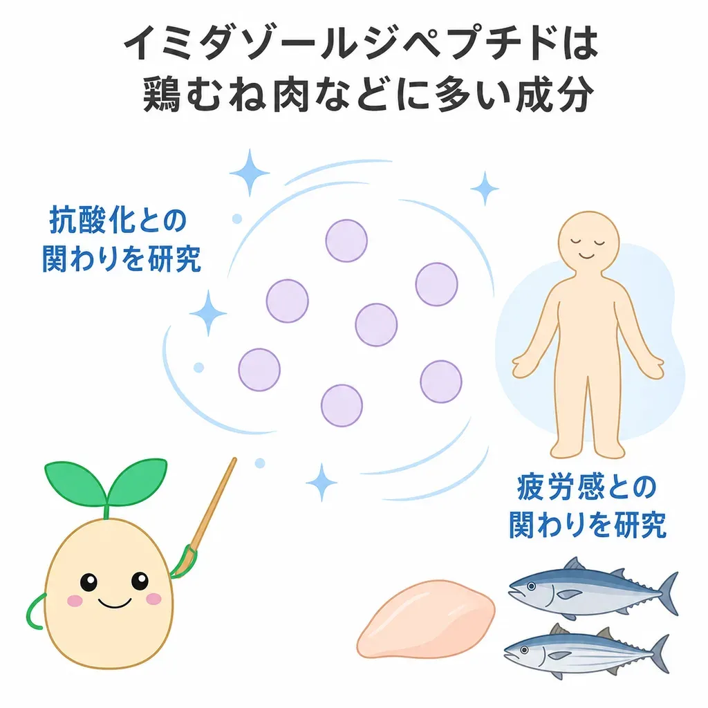 イミダゾールジペプチドが体の中でどんなはたらきに関わるかをやさしく示した図