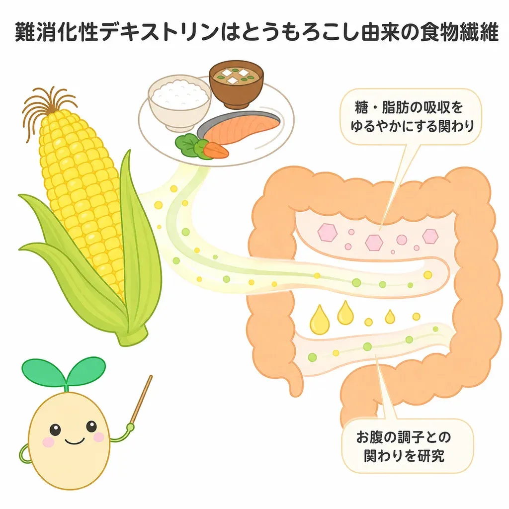 難消化性デキストリンが体の中でどんなはたらきに関わるかをやさしく示した図