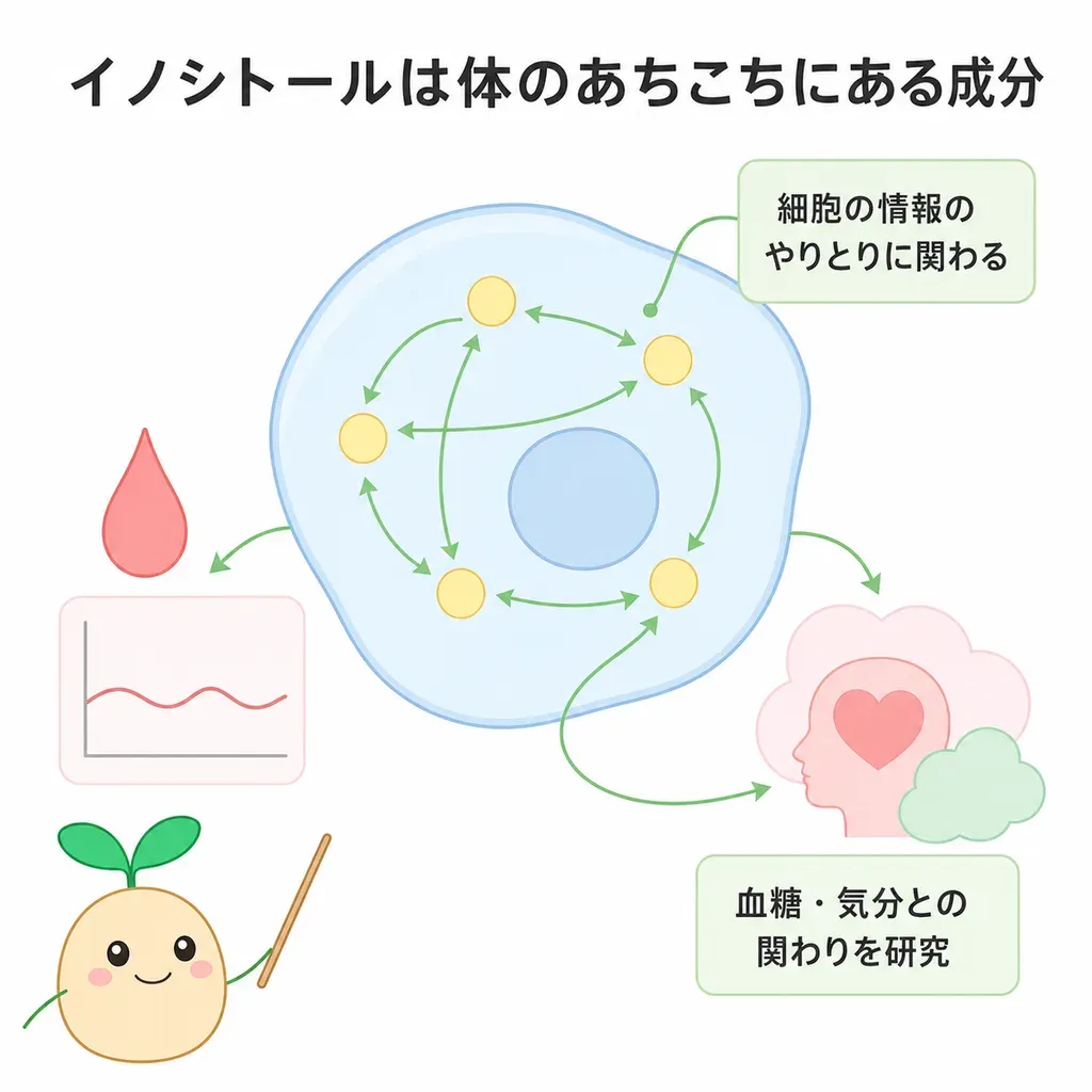 イノシトールが体の中でどんなはたらきに関わるかをやさしく示した図
