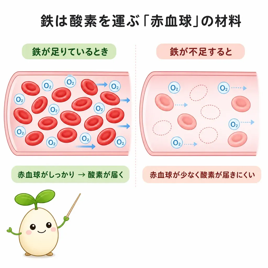 鉄が酸素の運び屋(ヘモグロビン)の材料になり、全身へ酸素を届けるイメージ