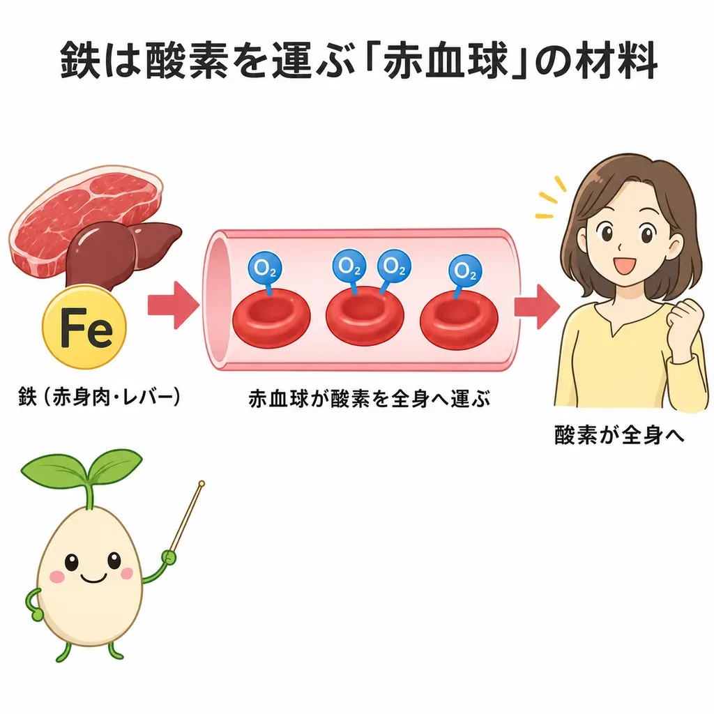 鉄が酸素の運び屋(ヘモグロビン)の材料になり、元気の土台を支えるイメージ