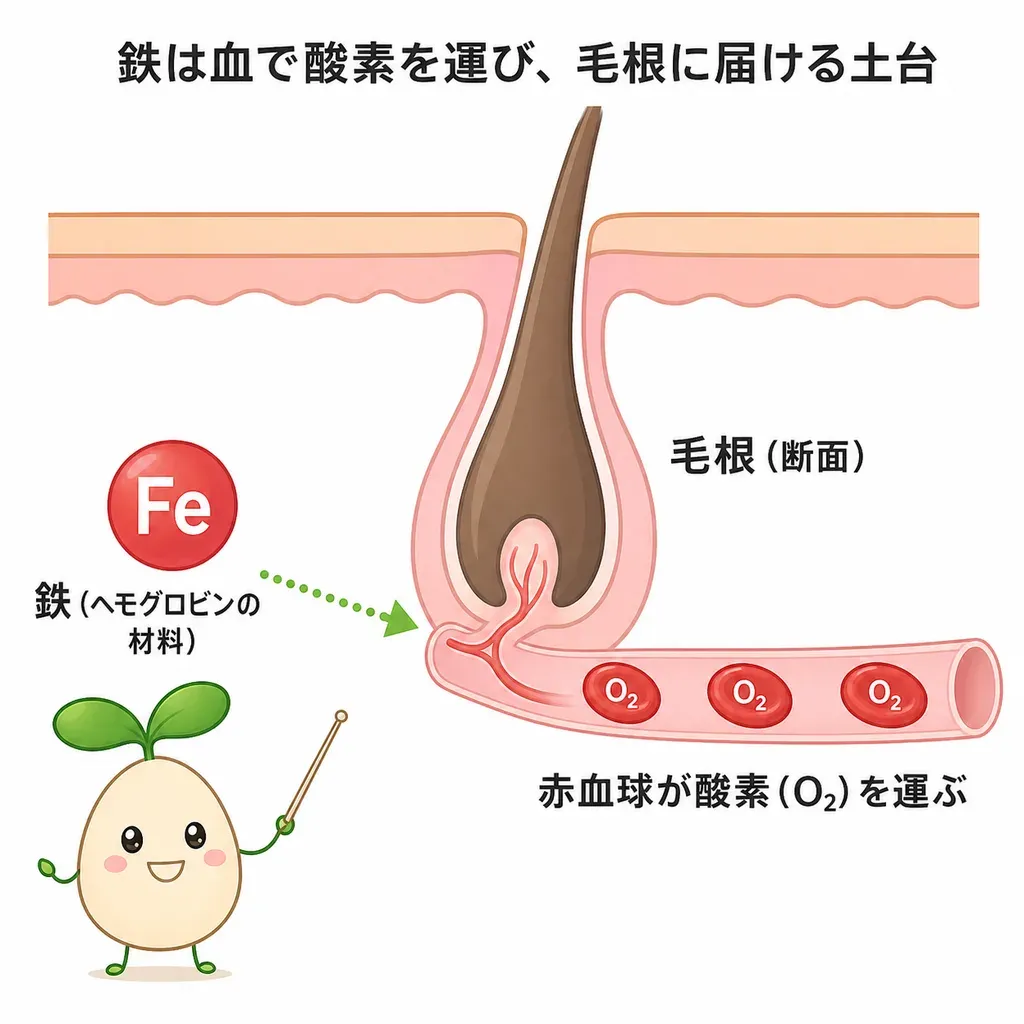 鉄が血液で酸素を運び、髪を作る毛根に酸素や栄養を届ける土台になること、とくに女性で鉄の貯蔵量（フェリチン）が低い人に抜け毛（休止期脱毛）が多い傾向が報告される一方、足りている人がとってボリュームが増す裏づけは限定的であることを示すイメージ