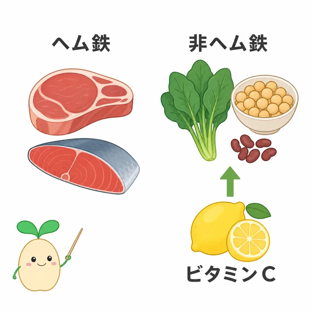 ヘム鉄は吸収されやすく、非ヘム鉄はビタミンCと一緒だと吸収が高まる。