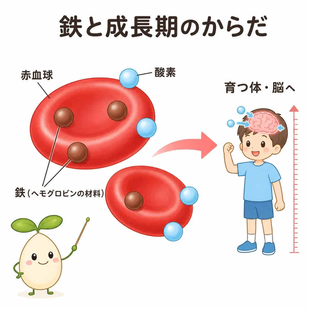 鉄が赤血球のヘモグロビンの材料になり、酸素を全身に運ぶイメージ
