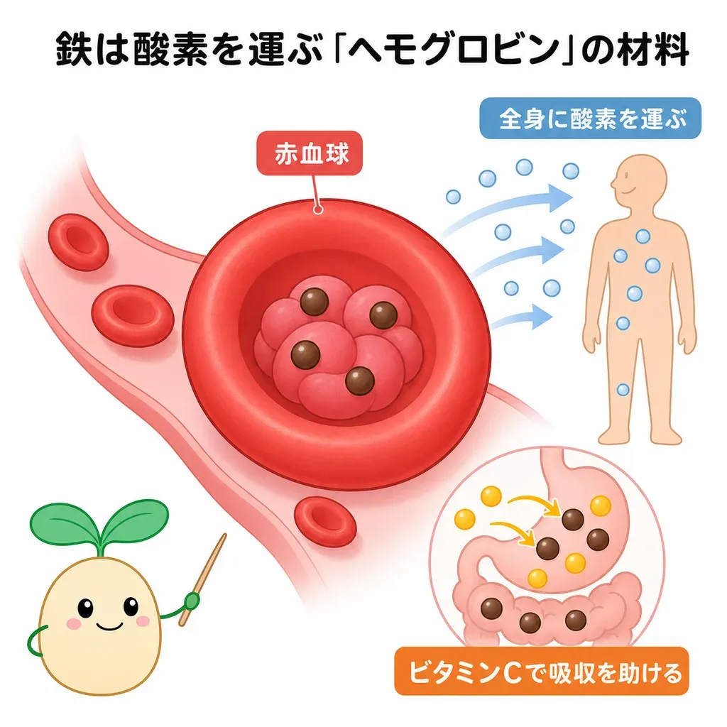 鉄が体の中でどんなはたらきに関わるかをやさしく示した図