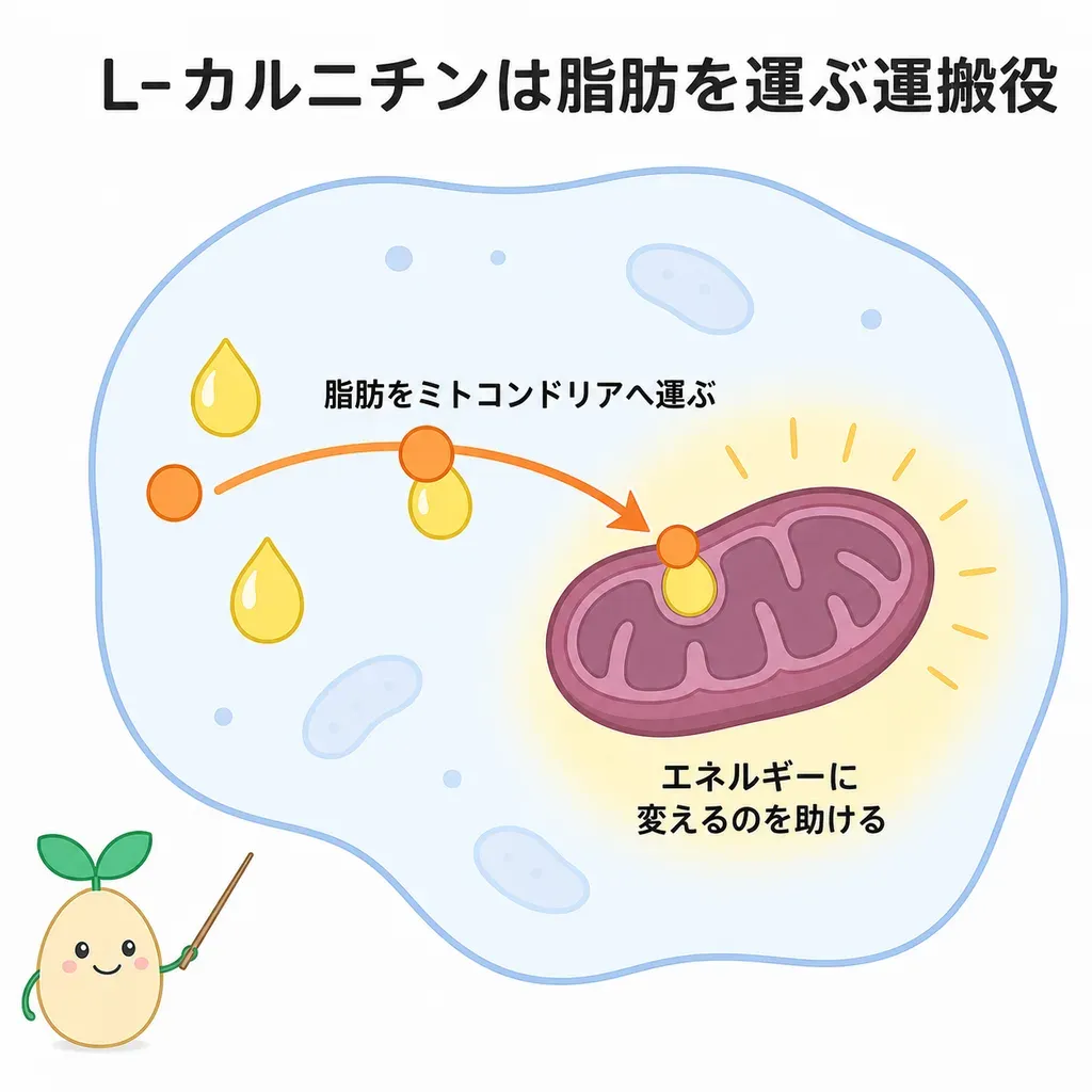 L-カルニチンが体の中でどんなはたらきに関わるかをやさしく示した図