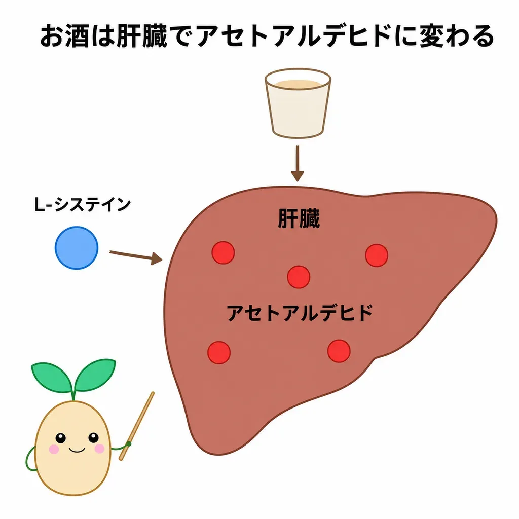お酒が体内でアセトアルデヒド（二日酔いの原因となる物質）に変わるなか、L-システインがそれを捕まえて減らすことが研究される一方、二日酔いへの裏づけは限られていることを示すイメージ