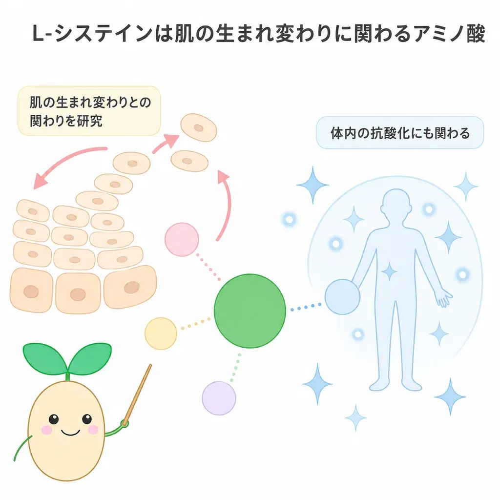 L-システインが体の中でどんなはたらきに関わるかをやさしく示した図
