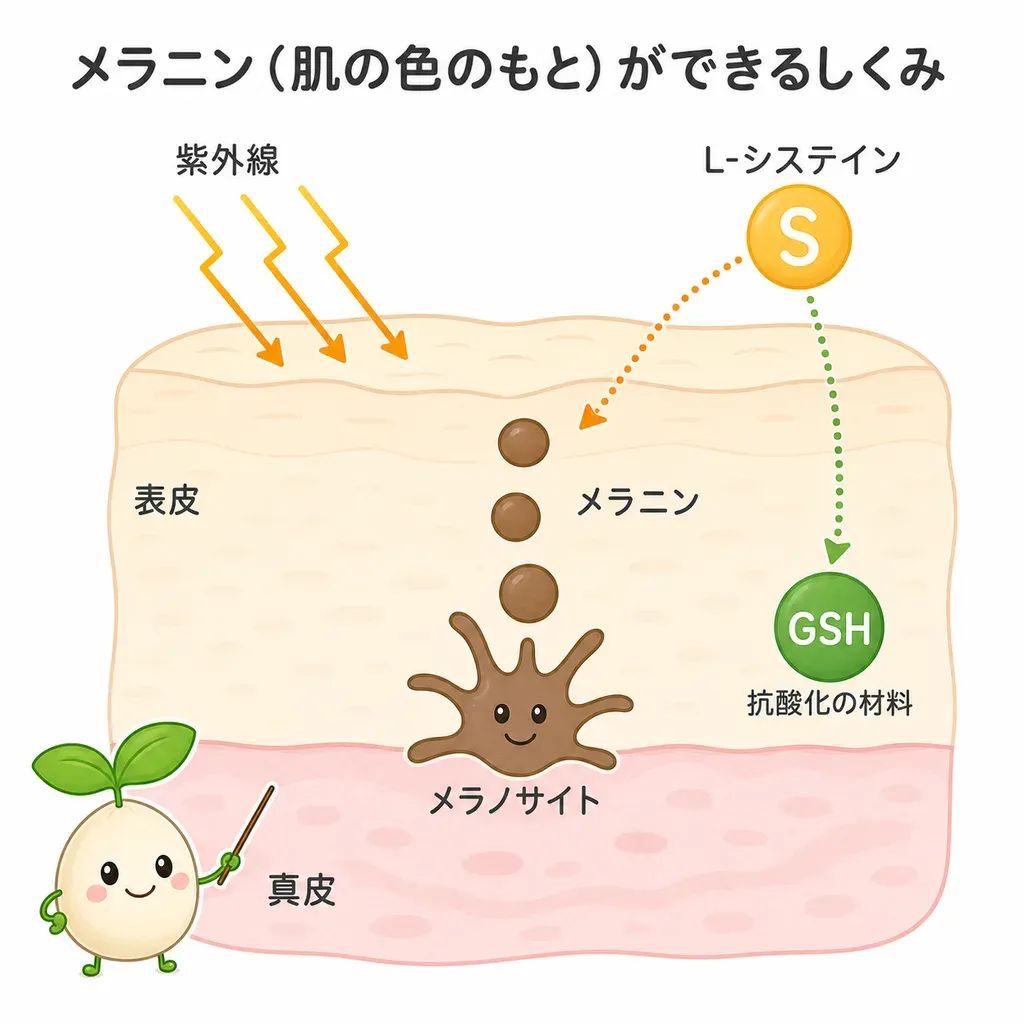 L-システイン（硫黄を含むアミノ酸）が、抗酸化やメラニン（肌の色のもと）づくりに関わるイメージ