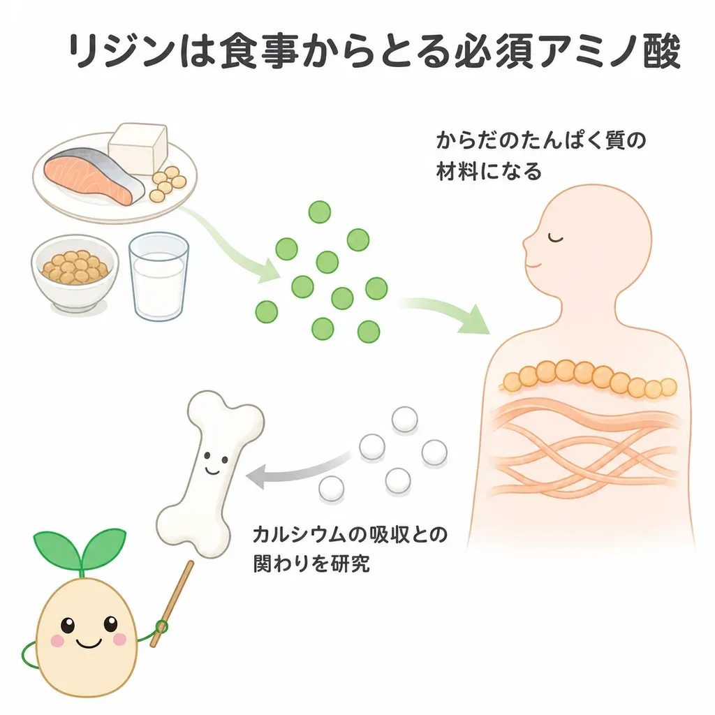 L-リジンが体の中でどんなはたらきに関わるかをやさしく示した図