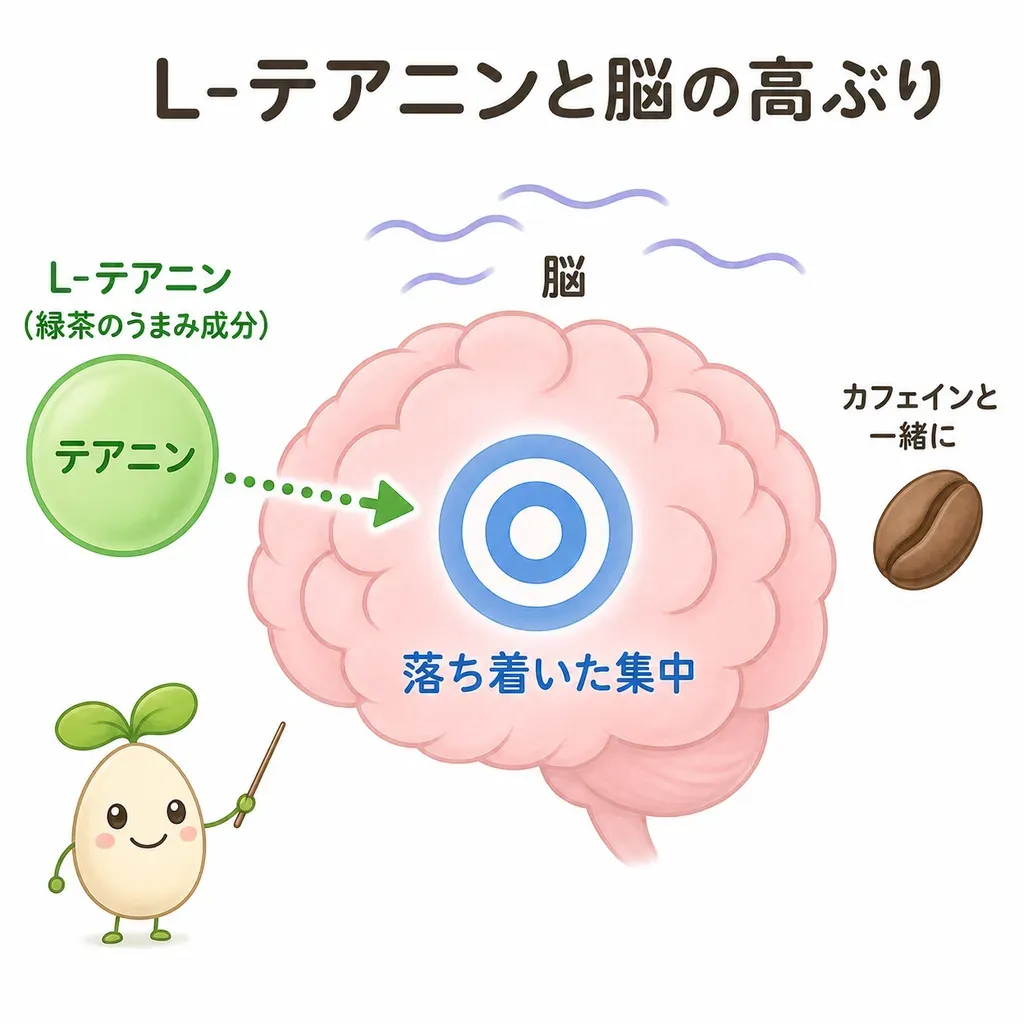 緑茶のうまみ成分であるL-テアニンが、脳の高ぶりを鎮める働きに関わり、リラックスしながらの落ち着いた集中について研究されていること、とくにカフェインとの組み合わせで注意力や反応時間を測る指標に違いが出るかが調べられる一方、単独での効果ははっきり結論づけられていないことを示すイメージ