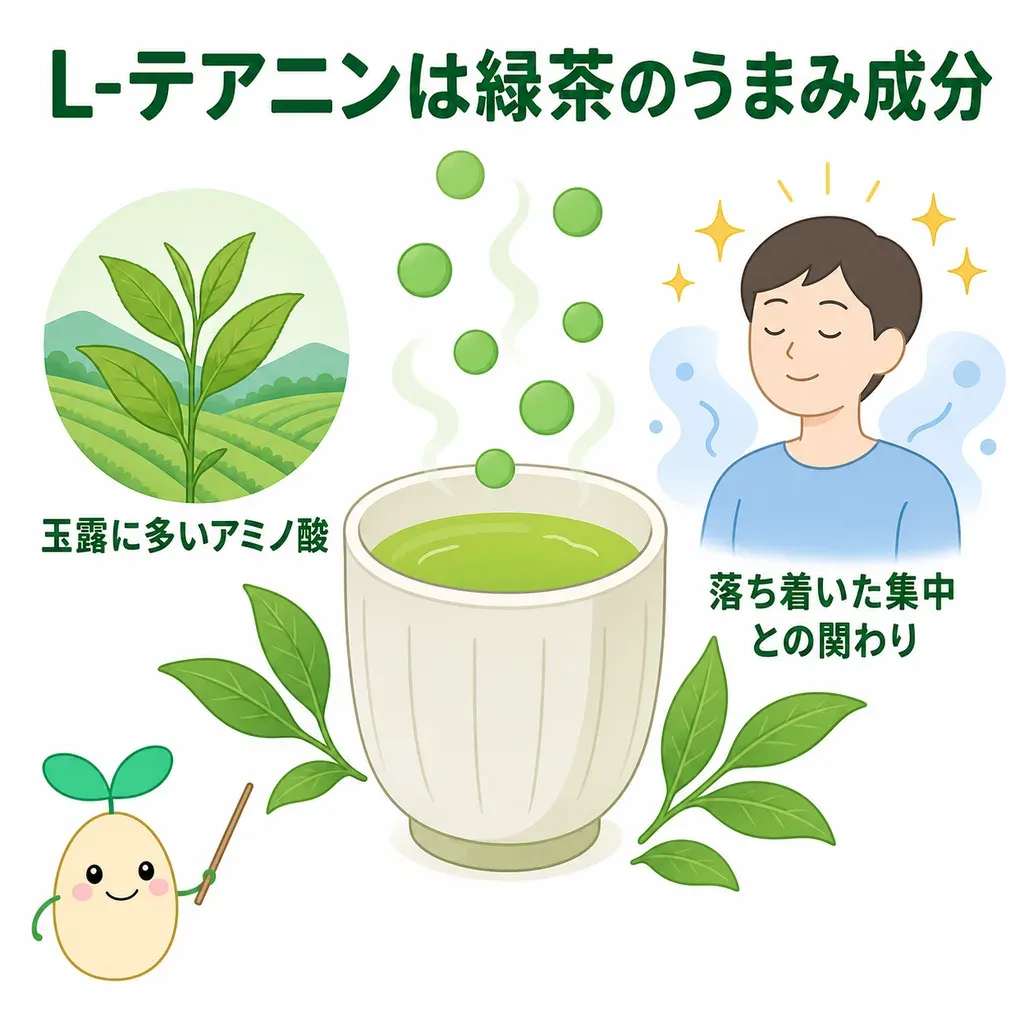 L-テアニンが体の中でどんなはたらきに関わるかをやさしく示した図