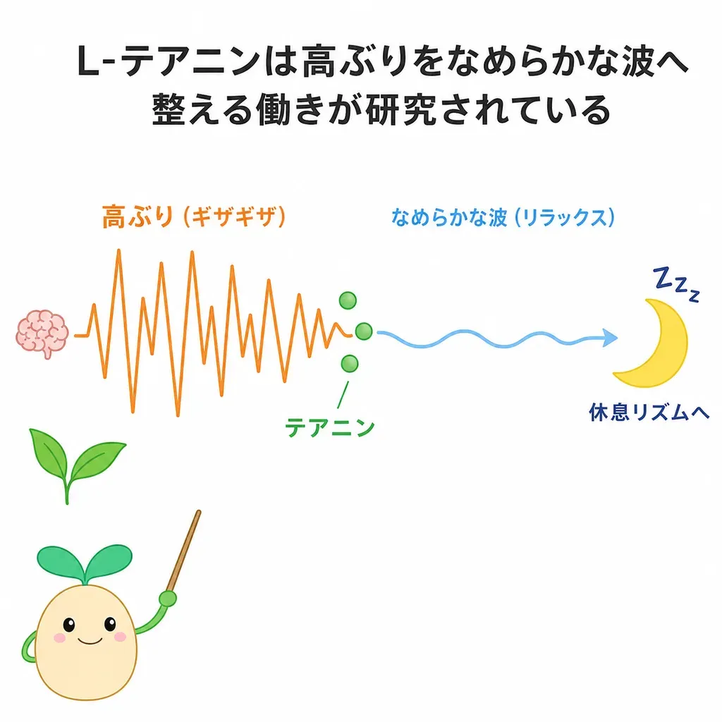 L-テアニンが気持ちの落ち着きを通じて休息リズムを後押しするイメージ