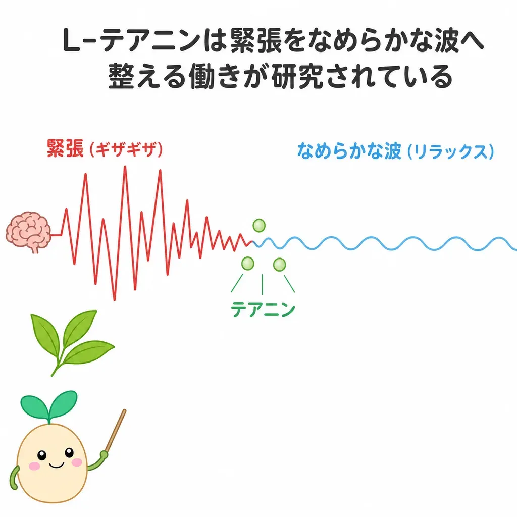 L-テアニンが脳をリラックスへ向けつつ、落ち着いた集中を後押しするイメージ
