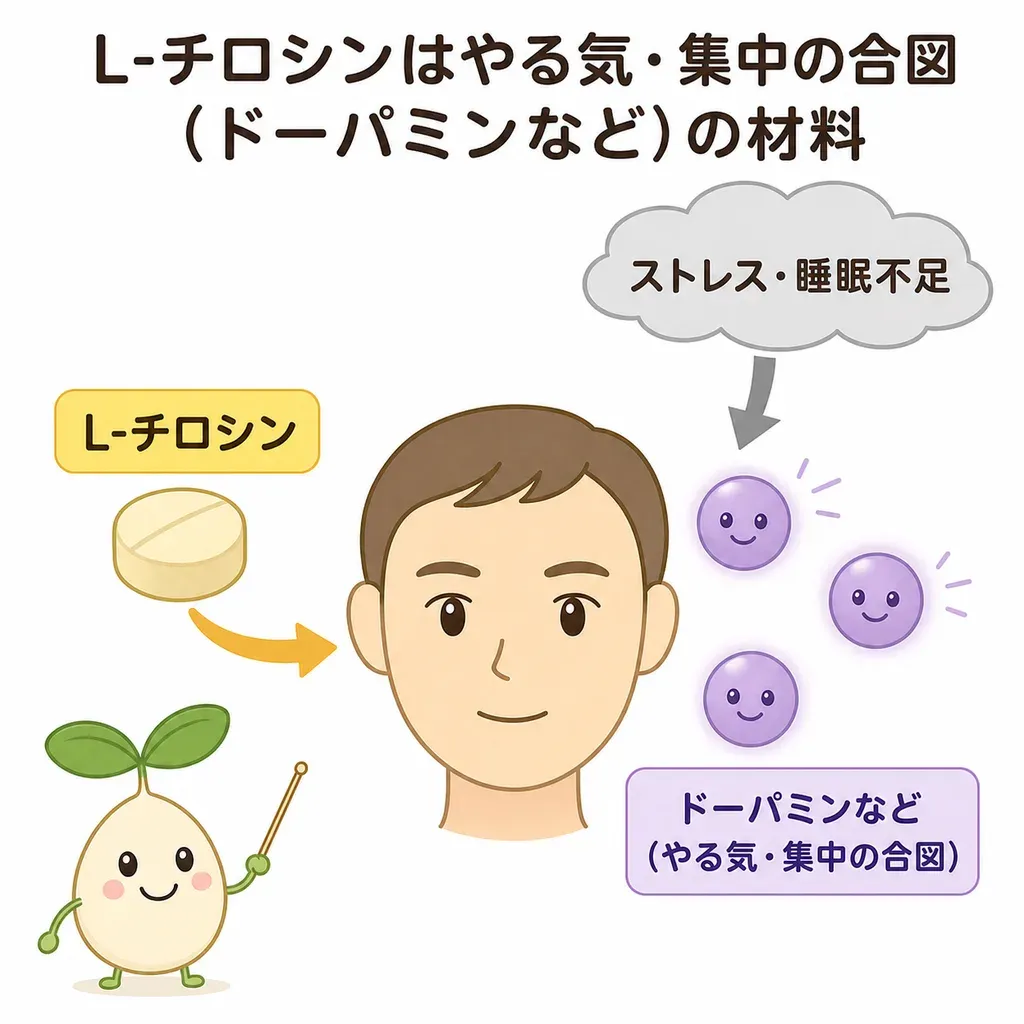L-チロシンが、ストレスで消耗したドーパミンなど(やる気・集中に関わる脳内物質)の材料を補うことが研究され、消耗した状況で頭の働きを支える一方、通常時の上乗せははっきりしないことを示すイメージ