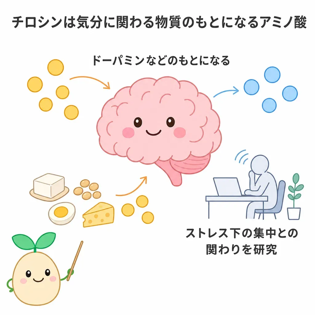 L-チロシンが体の中でどんなはたらきに関わるかをやさしく示した図