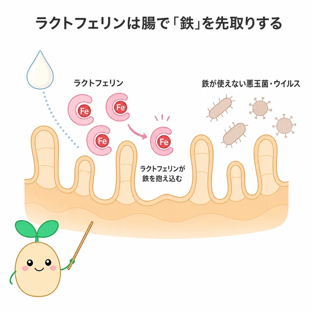 ラクトフェリンが鉄を抱え込んで菌の増殖を抑え、体の防御(免疫)を後押しするとされるイメージ