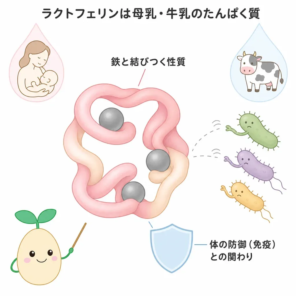 ラクトフェリンが体の中でどんなはたらきに関わるかをやさしく示した図
