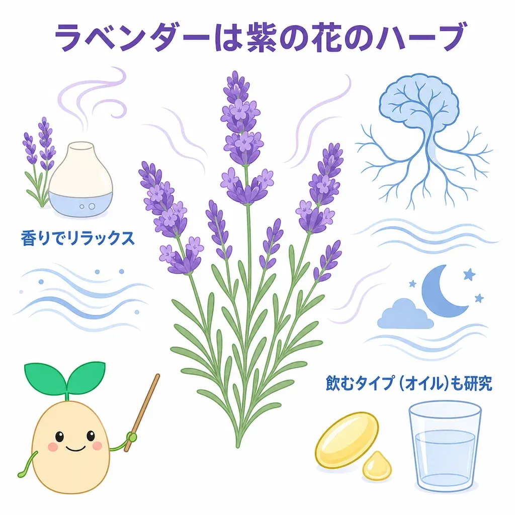 ラベンダーが体の中でどんなはたらきに関わるかをやさしく示した図