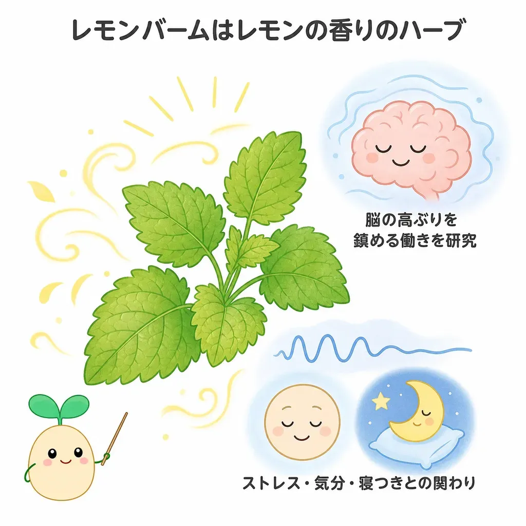 レモンバームが体の中でどんなはたらきに関わるかをやさしく示した図
