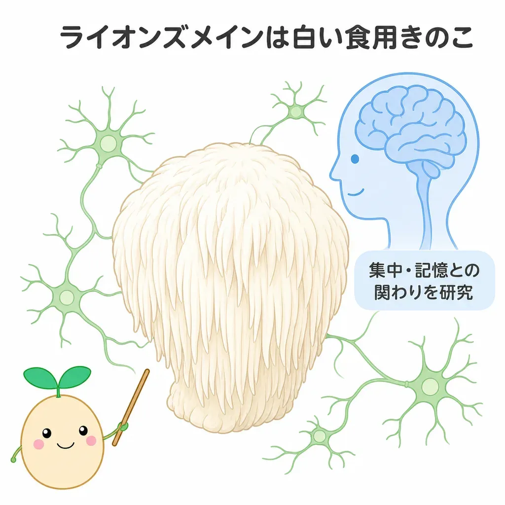 ライオンズメイン（ヤマブシタケ）が体の中でどんなはたらきに関わるかをやさしく示した図