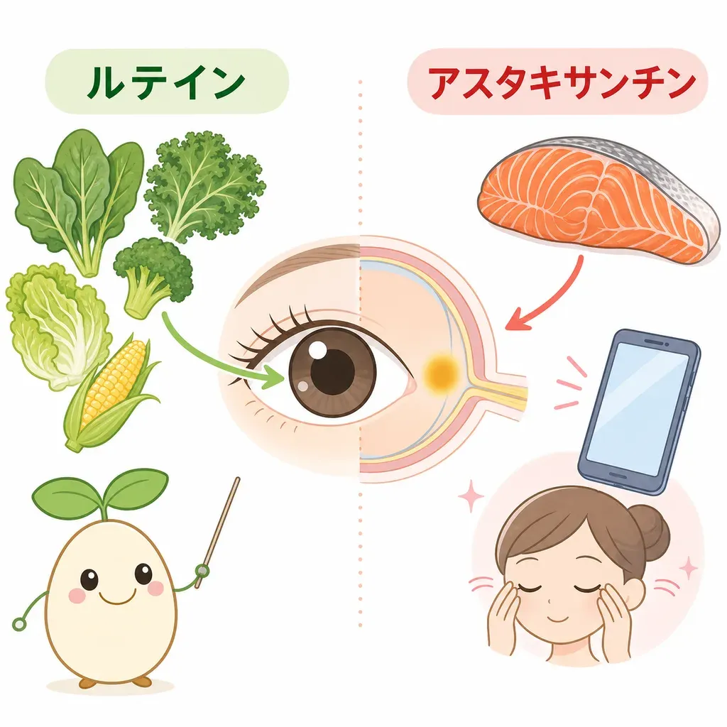 ルテインは目の奥(黄斑)の色素、アスタキサンチンはピント・目の疲れ。役割が違う。