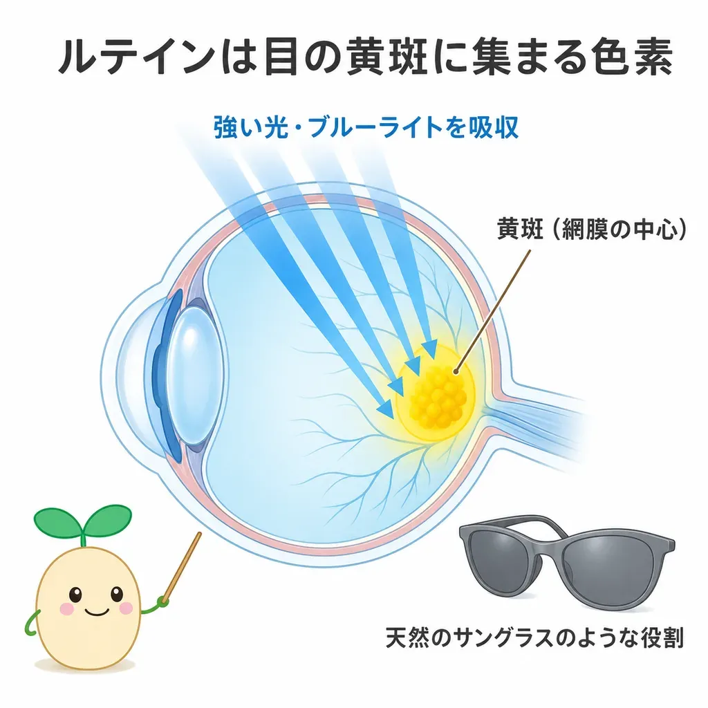 ルテインが体の中でどんなはたらきに関わるかをやさしく示した図