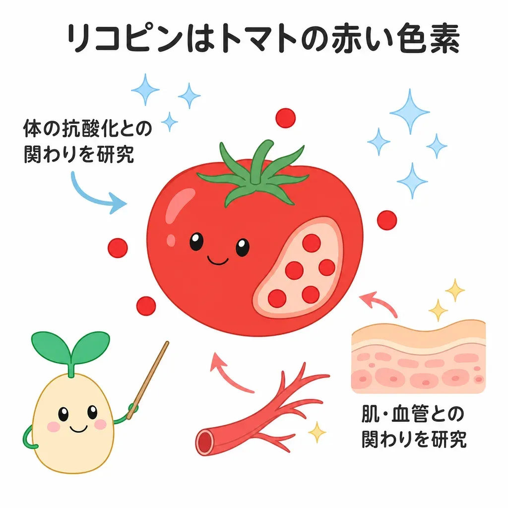 リコピンが体の中でどんなはたらきに関わるかをやさしく示した図