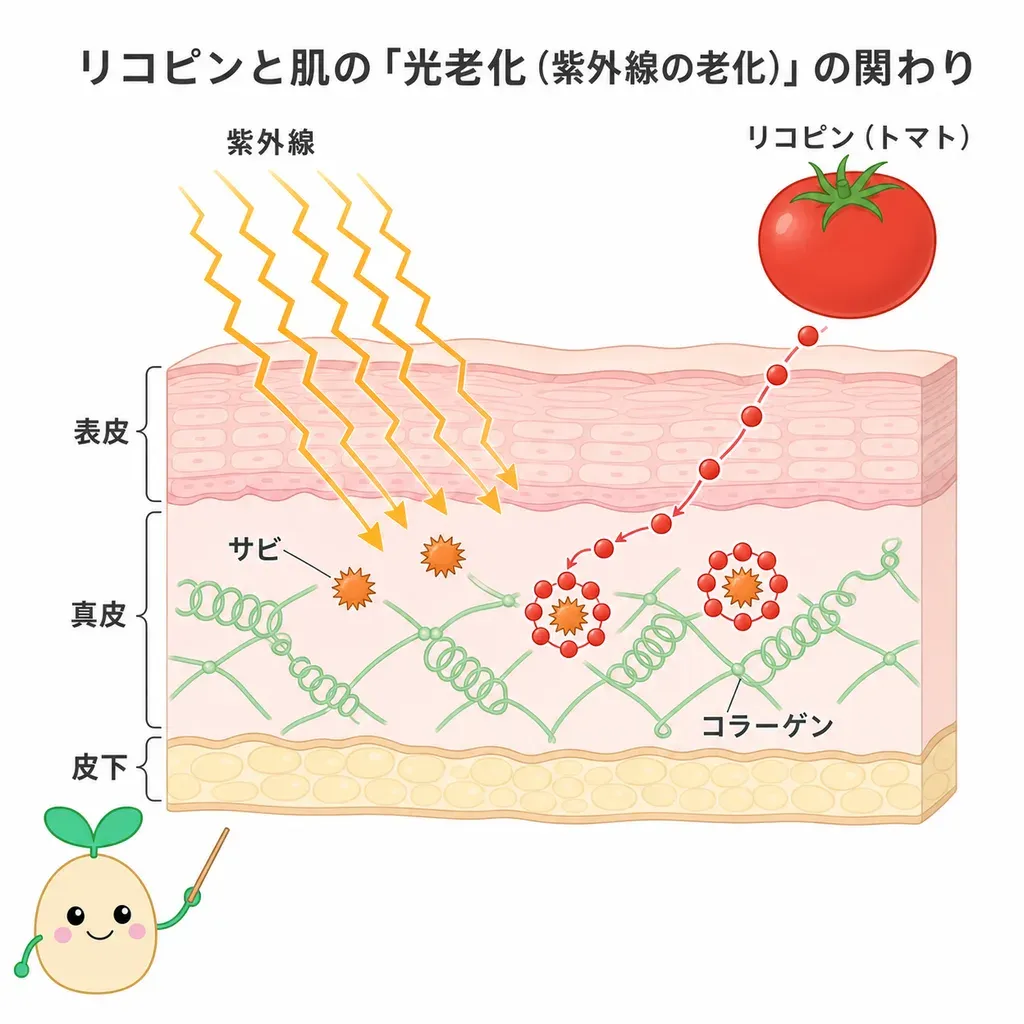 リコピン(トマトの赤い色素)が、紫外線で生まれる活性酸素を受け止め、肌の光老化を和らげる働きが研究されていることを示すイメージ