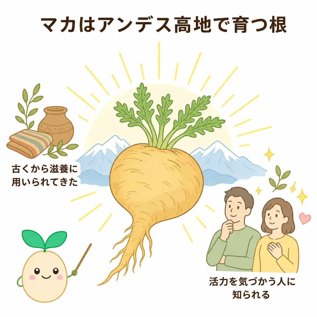 マカが体の中でどんなはたらきに関わるかをやさしく示した図
