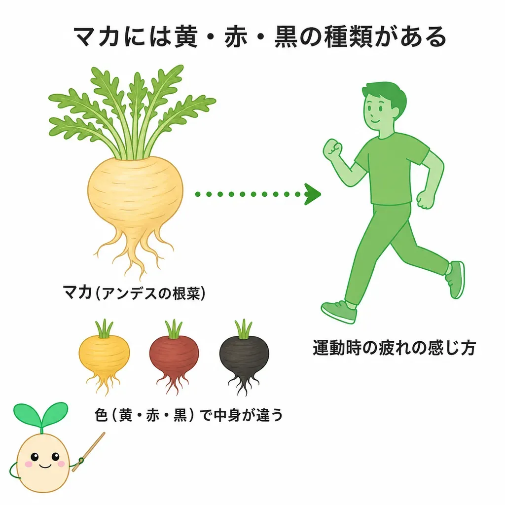 アンデス原産の根菜であるマカが、栄養を豊富に含み、運動のパフォーマンスや疲れにくさをめぐって研究が進んでいること、効果の大きさには幅があり研究は小規模なものも多いこと、色(黄・赤・黒)によって中身が異なることを示すイメージ