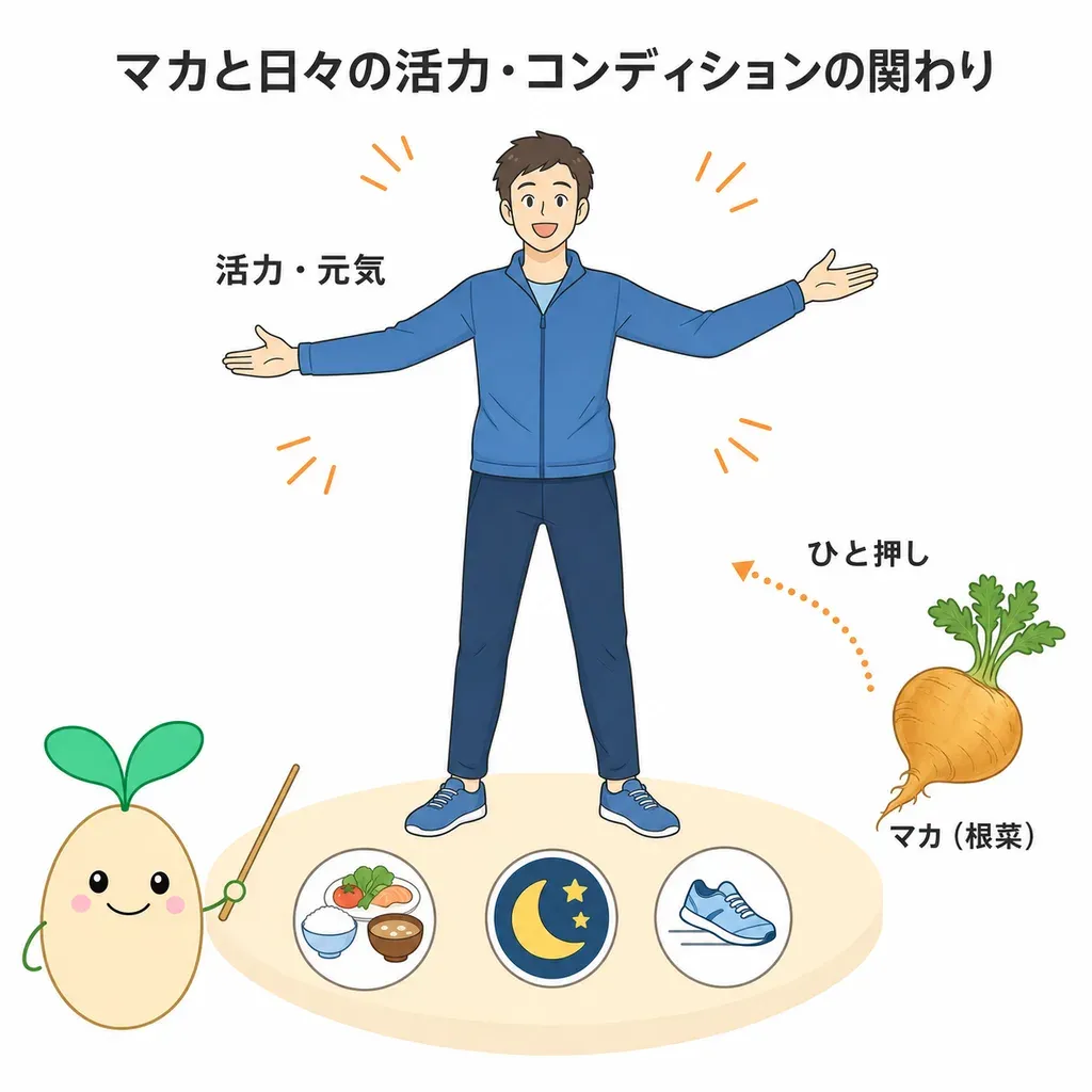 マカが、食事・睡眠・運動という活力の土台に“ひと押し”を添えるイメージ