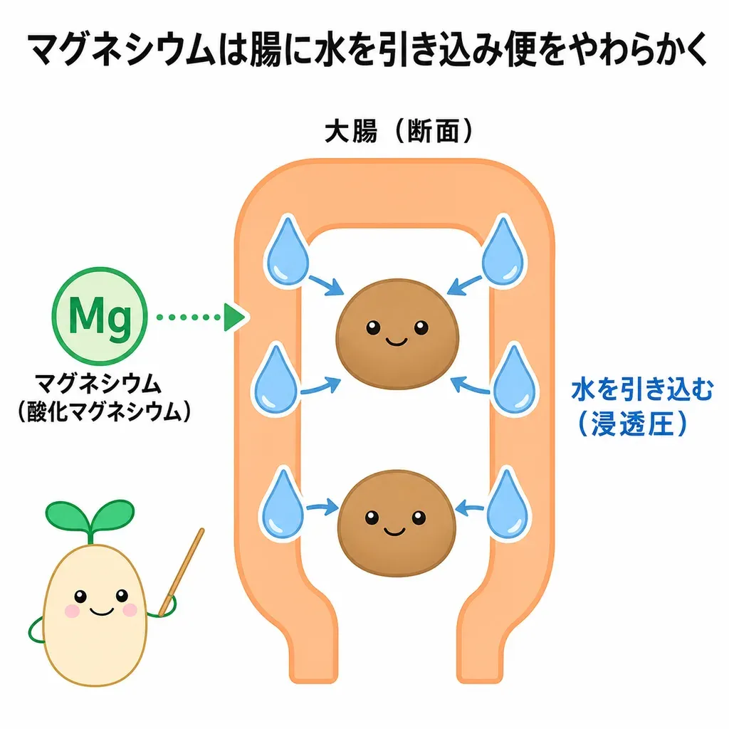 マグネシウム(とくに酸化マグネシウム)が腸の中で水を引き込み、便に水分を含ませてやわらかくするように働くこと(浸透圧の働き)、お通じが出やすくなることが研究されている一方、腎臓の働きが低下した人では体にたまる心配があり注意が必要なことを示すイメージ