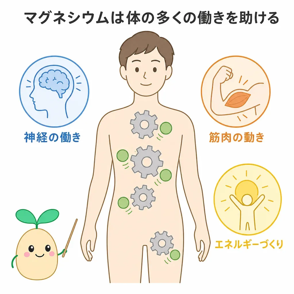 マグネシウムが体の中でどんなはたらきに関わるかをやさしく示した図