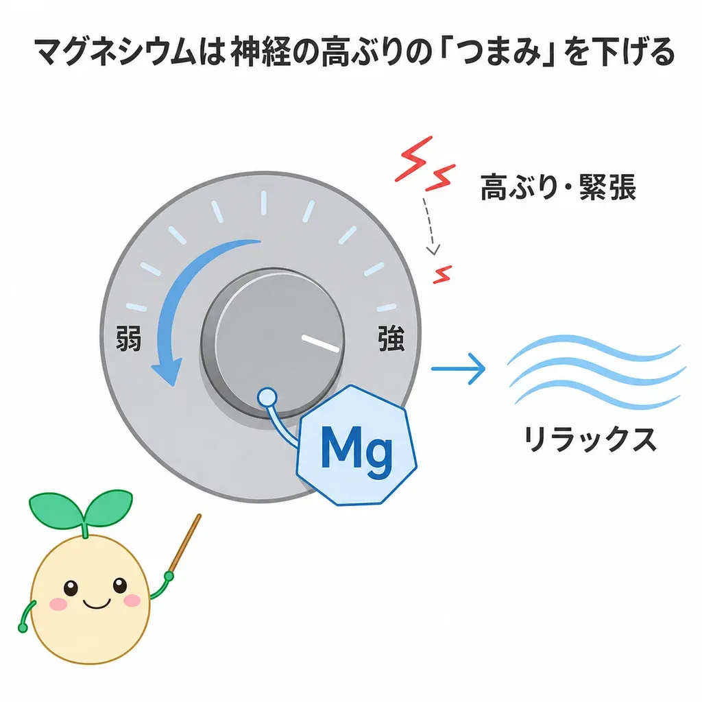 マグネシウムが神経の高ぶりとストレス反応の調整を助け、ストレスで失われやすいという関係のイメージ